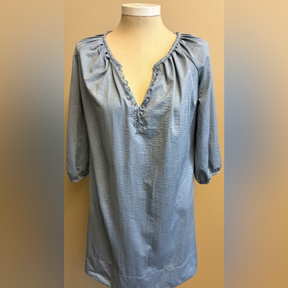 Dalia Collection Blue Smocked Silky Satiny 3/4 Sleeve Dress women's size Medium - Picture 4 of 12